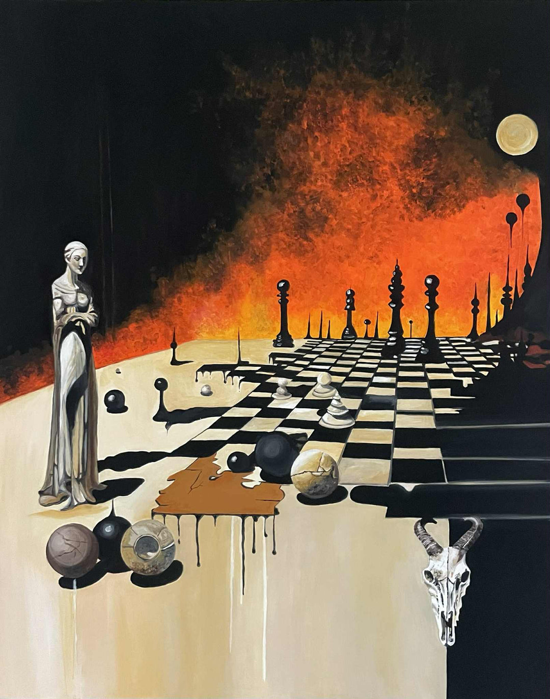 Victoria Saint Unmoved oil painting of a calm, statuesque female figure beside a chessboard set against a dramatic burning landscape, symbolising control, foresight and stillness amidst chaos.