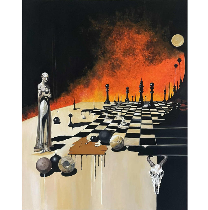 Victoria Saint Unmoved print of a calm, statuesque female figure beside a chessboard set against a dramatic burning landscape, symbolising control, foresight and stillness amidst chaos.