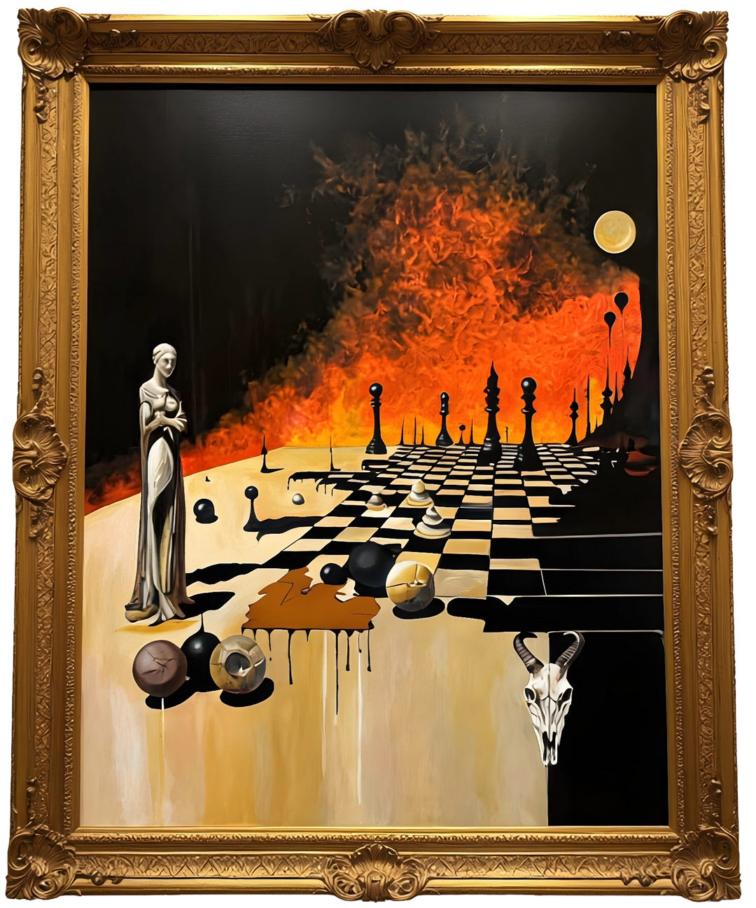 Victoria Saint Unmoved oil painting of a calm, statuesque female figure beside a chessboard set against a dramatic burning landscape, symbolising control, foresight and stillness amidst chaos.