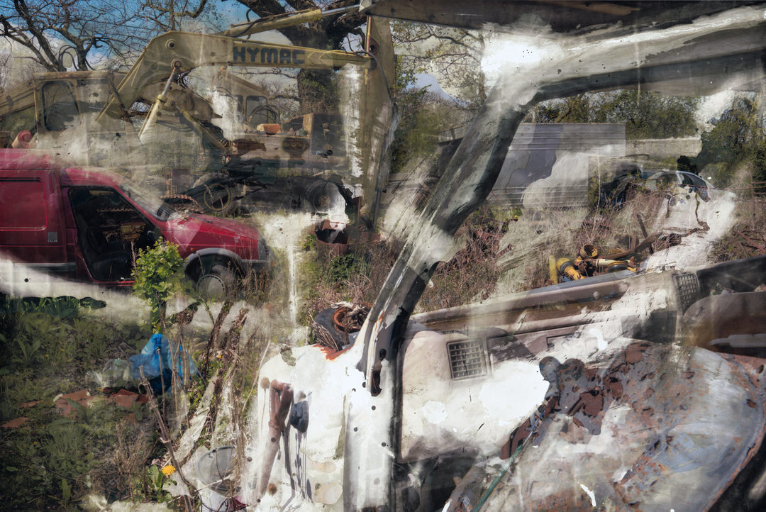 Layered image of a scrapyard scene featuring old vehicles, a red van, a yellow HYMAC digger, overgrown grass, and rusted machinery, with painterly chemical textures and white streaks applied over aluminium.