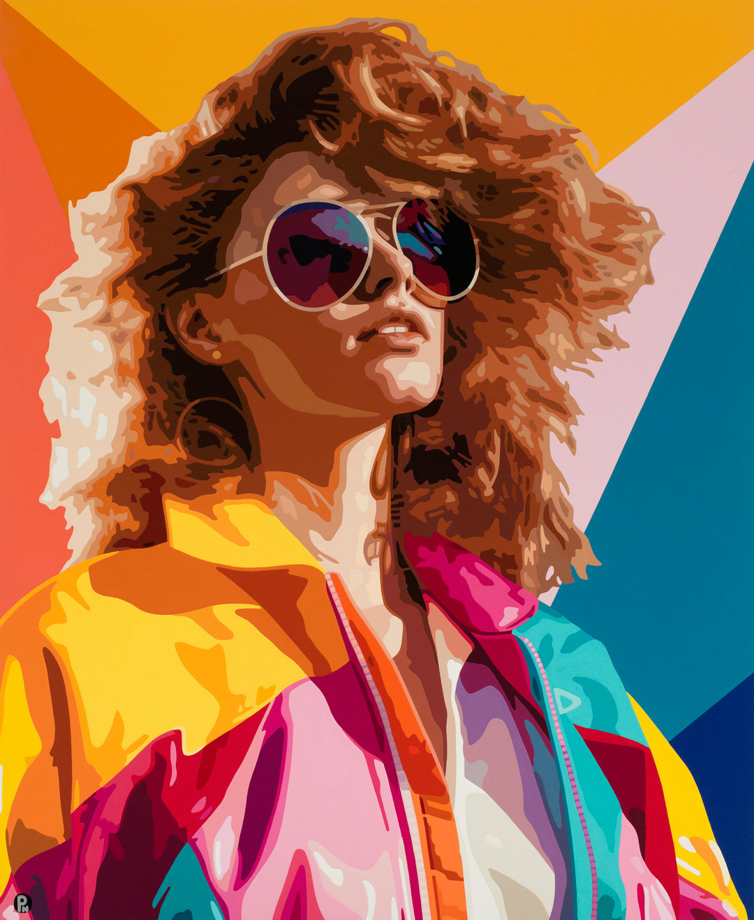 Bold pop art portrait of a woman in vibrant retro jacket and oversized sunglasses.

