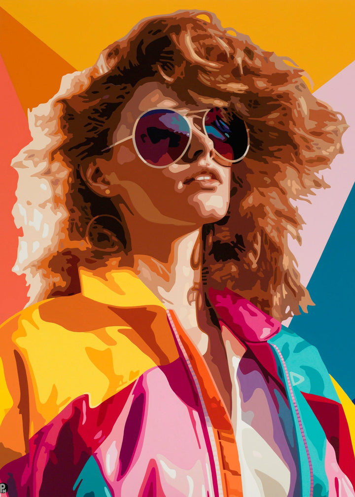 Bold pop art portrait of a woman in vibrant retro jacket and oversized sunglasses.

