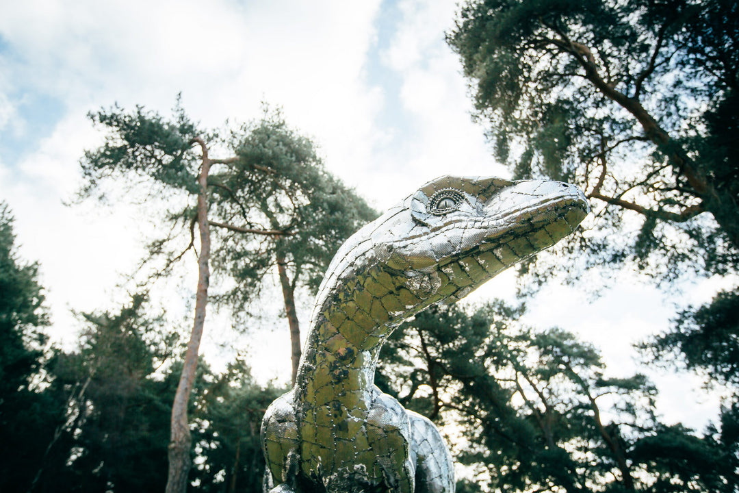 ‘Velociraptor’ by Michael Turner, a unique, one-of-one stainless steel dinosaur sculpture depicting a powerful velociraptor in an alert, dynamic pose. Handcrafted from intricately shaped and welded stainless steel, the sculpture features a polished silver finish, individually detailed metallic scales, muscular hind legs, sharp curved claws, smaller forelimbs and a long, sweeping tail. Standing on a rectangular stainless steel base, this large-scale contemporary sculpture captures the agility and predatory c