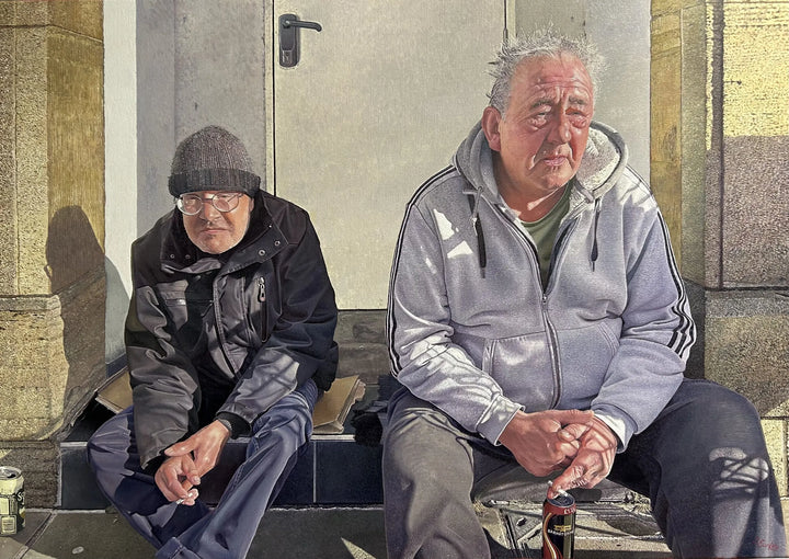 Original hyperrealist oil painting depicting two men seated side by side on a stone step in an urban doorway, capturing friendship, resilience, and quiet solidarity. Sunlight highlights weathered faces, worn clothing, and subtle gestures, conveying compassion, hardship, and human connection within a contemporary street setting.