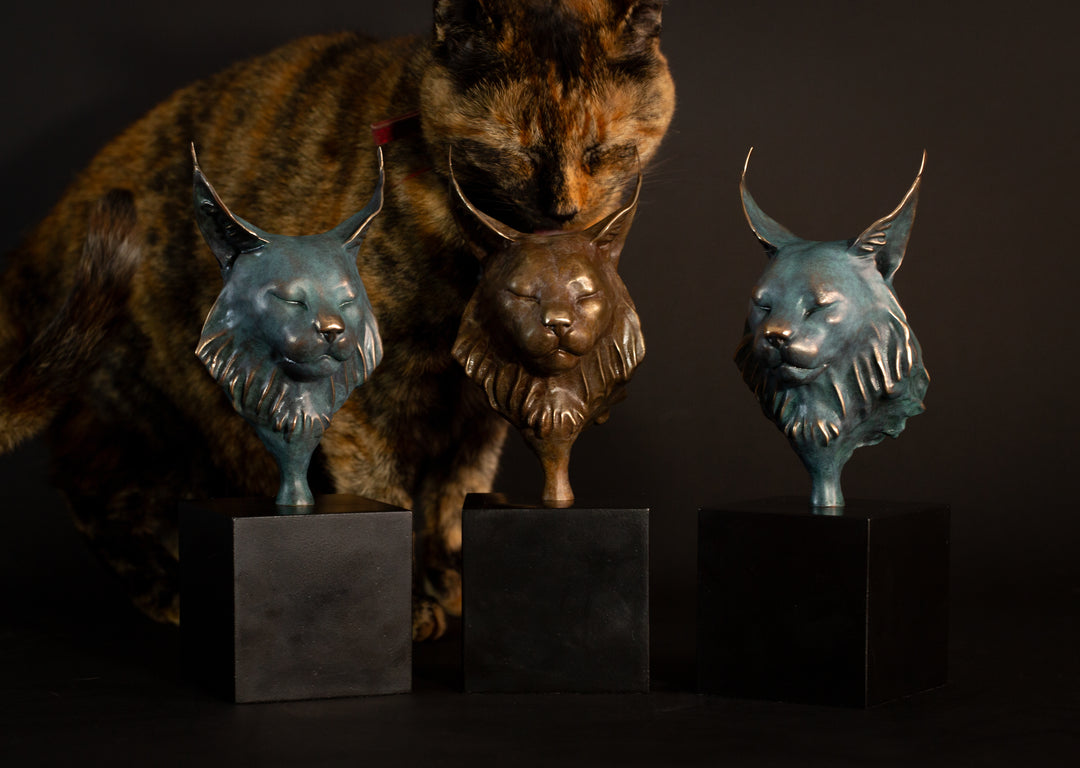 Wee Petra Eurasian Lynx bronze sculpture by Min Reed, miniature lynx head with closed eyes and elegant ear tufts in green verdigris bronze with warm copper highlights, mounted on a small black plinth, contemporary wildlife bronze sculpture