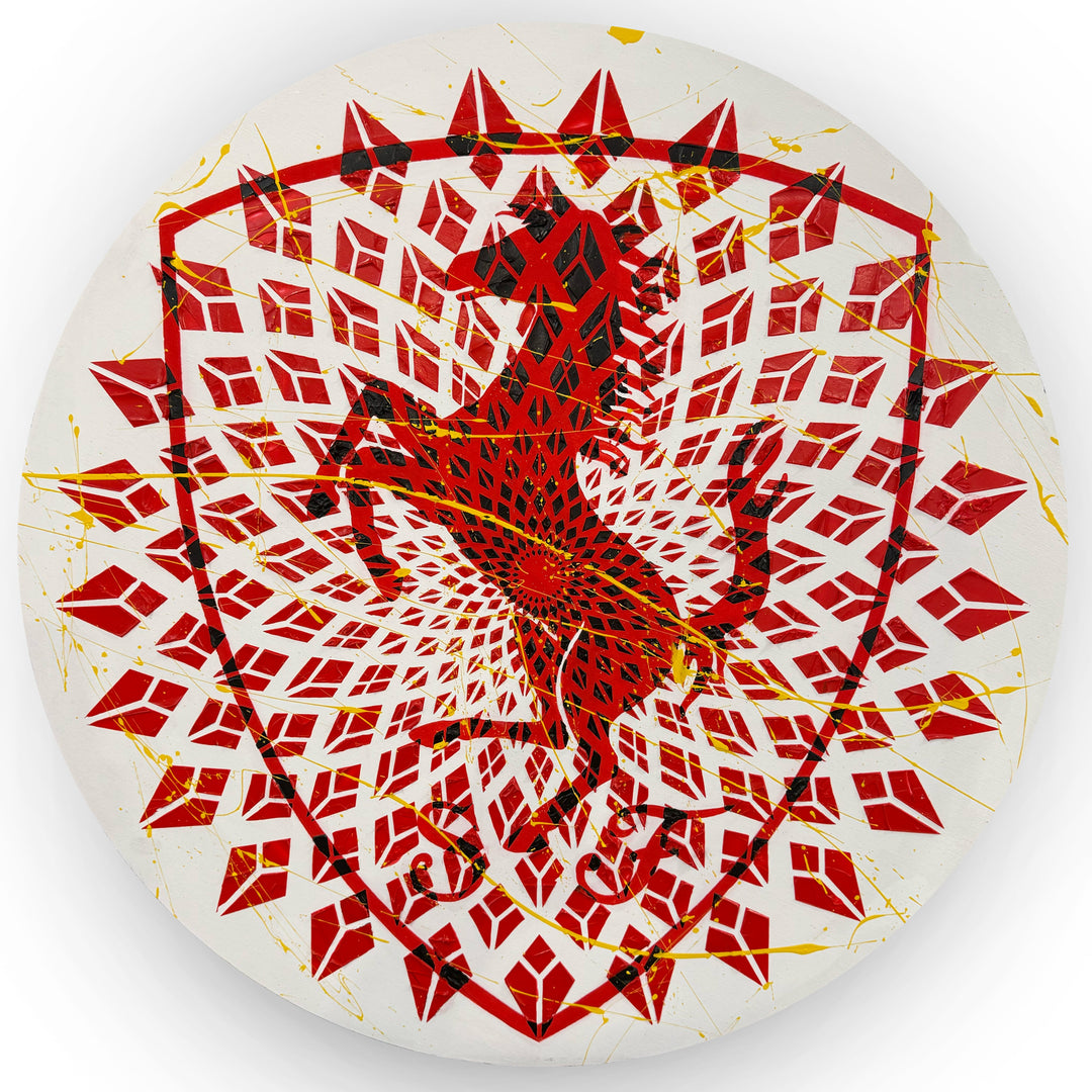 Contemporary circular wall artwork by Mike Philp reinterpreting the Ferrari emblem through fractured red geometry on a white ground. The radial composition suggests speed, heritage, and mechanical precision.