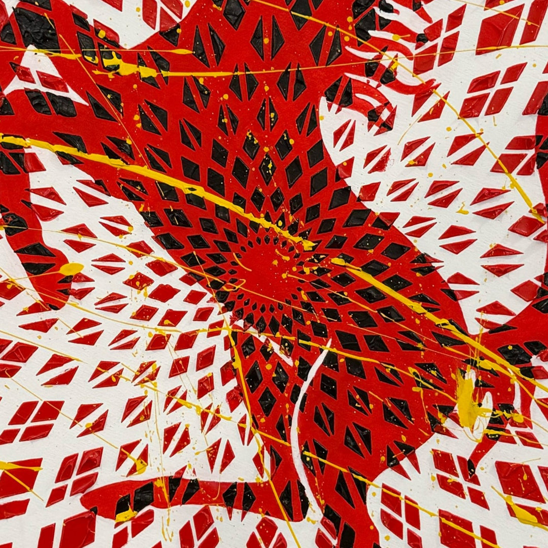Contemporary circular wall artwork by Mike Philp reinterpreting the Ferrari emblem through fractured red geometry on a white ground. The radial composition suggests speed, heritage, and mechanical precision.