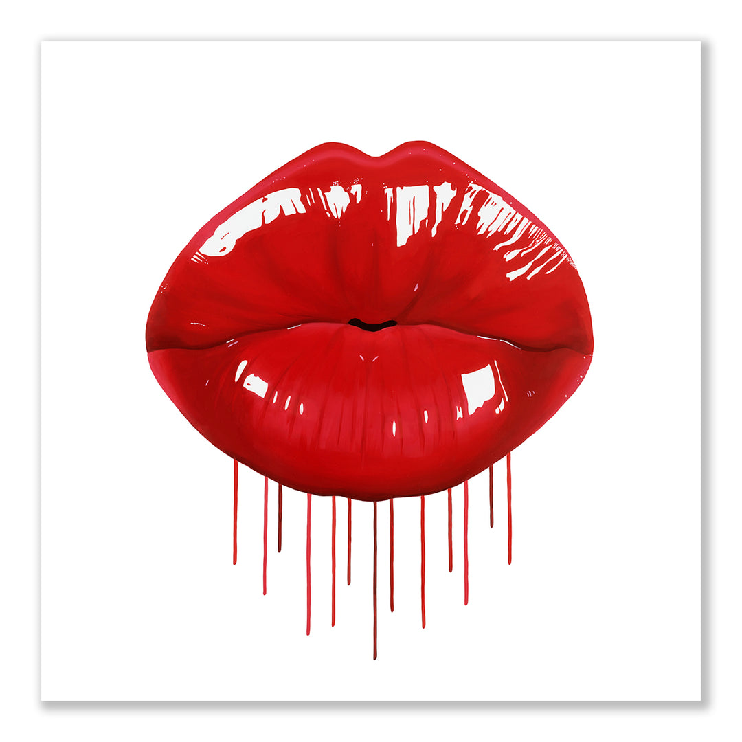 Glossy red lips with vertical paint drips on a clean white background.
