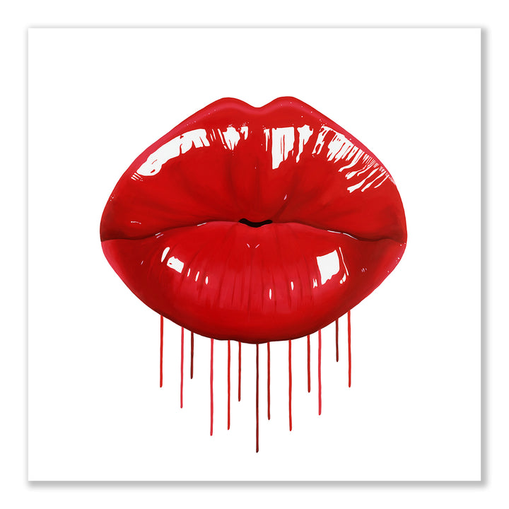 Glossy red lips with vertical paint drips on a clean white background.
