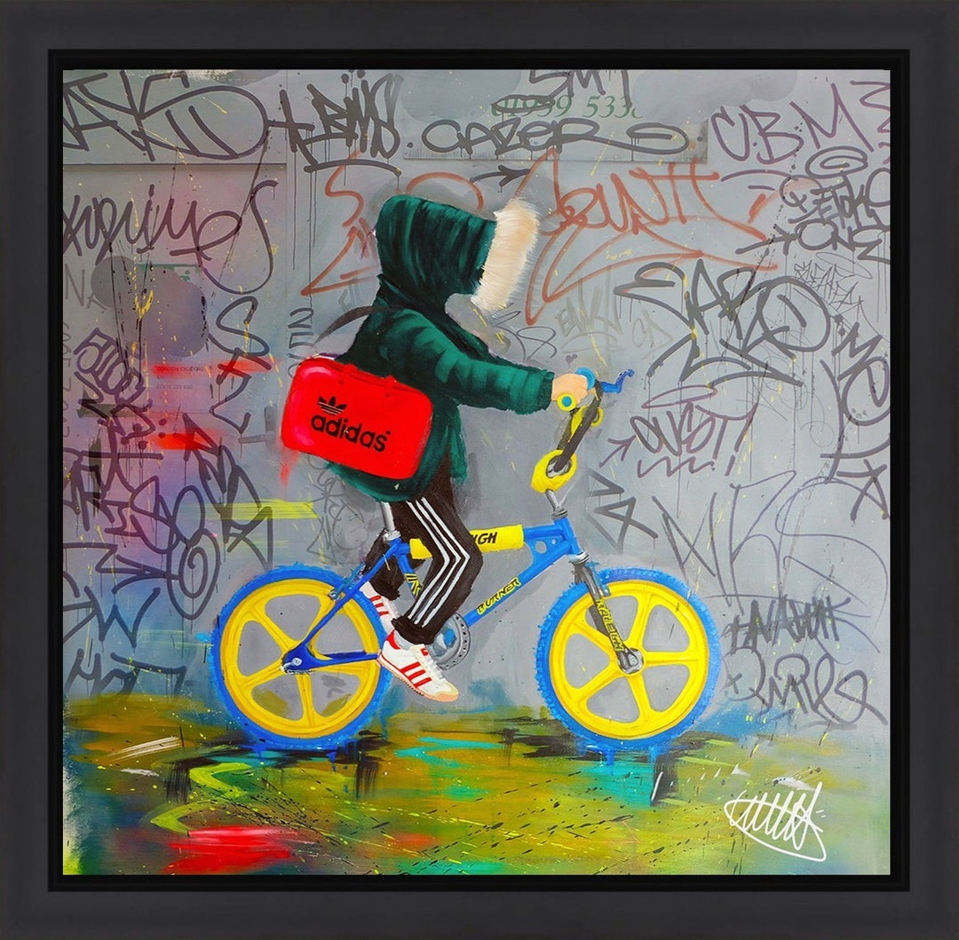 Original painting “Tuff Burner ’83” by Wild Seeley — nostalgic British urban street art of a hooded rider on a vivid blue and yellow BMX bike, Adidas red sports bag, green parka with fur hood, graffiti-covered grey wall background, and gritty spray-painted textures.