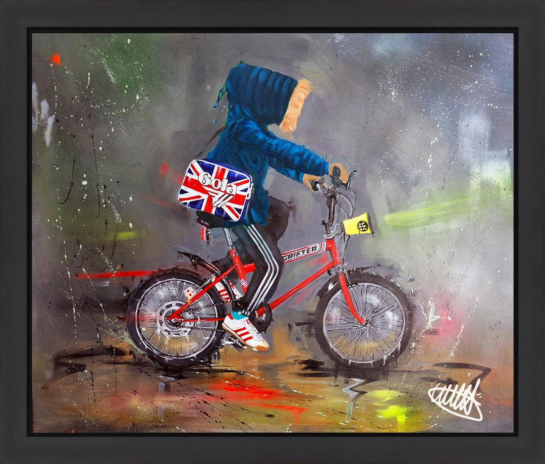 Original painting “Grifter Days of ’79” by Wild Seeley — nostalgic urban street art of a hooded rider on a red Raleigh Grifter bike, wearing a blue parka and Adidas trainers, with a Union Jack Gola sports bag against a gritty, spray-textured grey background.