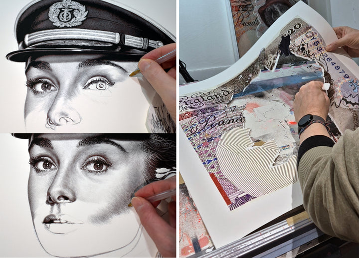 Contemporary artwork reimagining a £20 banknote featuring a poised Audrey Hepburn in a naval officer’s uniform, rendered in photorealistic detail with layered currency motifs using biro.