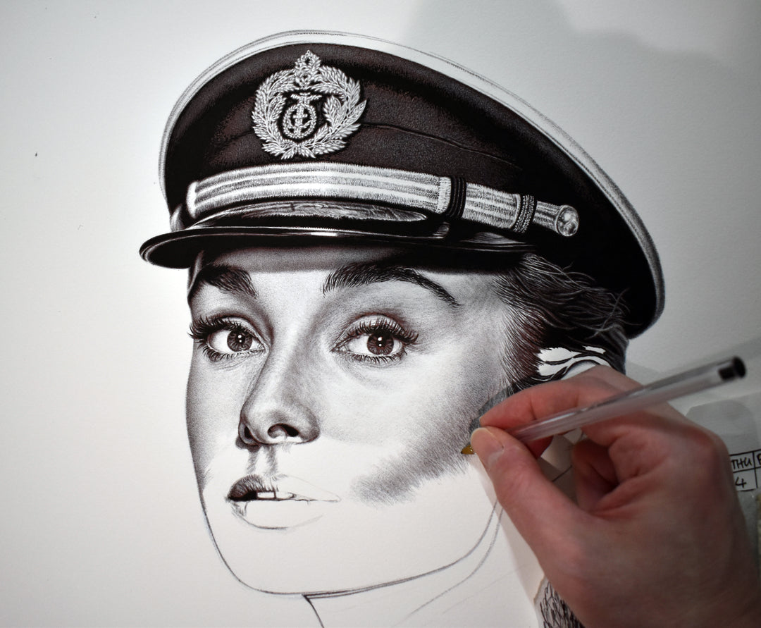 Contemporary artwork reimagining a £20 banknote featuring a poised Audrey Hepburn in a naval officer’s uniform, rendered in photorealistic detail with layered currency motifs using biro.