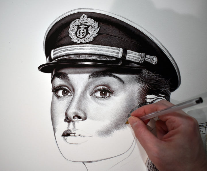 Contemporary artwork reimagining a £20 banknote featuring a poised Audrey Hepburn in a naval officer’s uniform, rendered in photorealistic detail with layered currency motifs using biro.