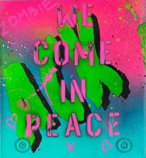 Graffiti-style artwork of Marvin the Martian with neon colours, featuring the phrases “We Come in Peace” and “That’s All Folks!”
