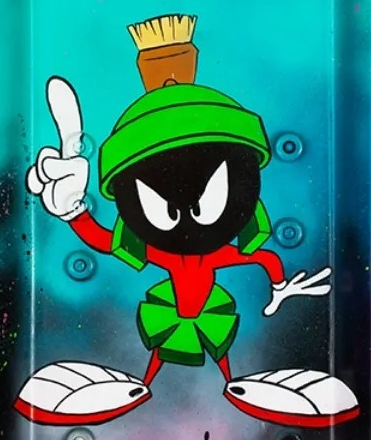 Graffiti-style artwork of Marvin the Martian with neon colours, featuring the phrases “We Come in Peace” and “That’s All Folks!”