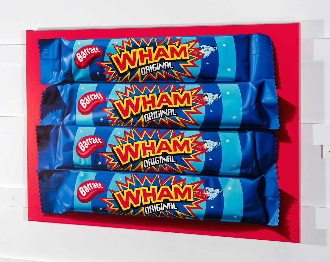 Kelly-Anne Davitt Wham Wham Wham hyperreal oil painting on canvas depicting stacked Barratt Wham Original sweet bars with glossy blue wrappers and bold red and yellow graphics.