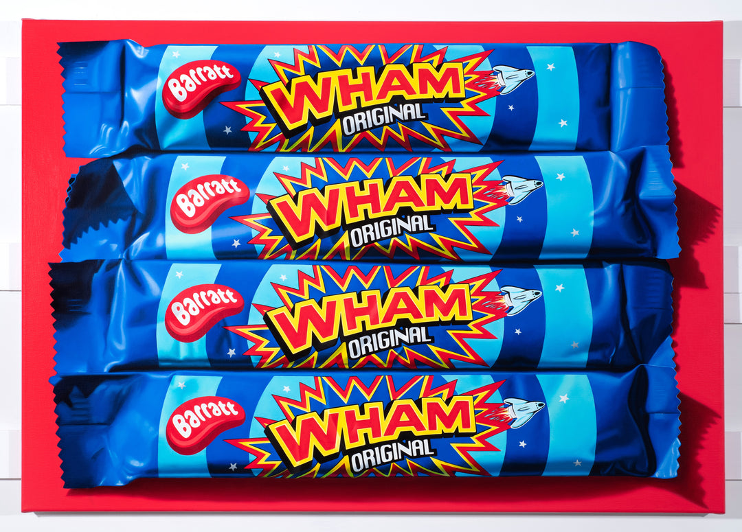 Kelly-Anne Davitt Wham Wham Wham hyperreal oil painting on canvas depicting stacked Barratt Wham Original sweet bars with glossy blue wrappers and bold red and yellow graphics.
