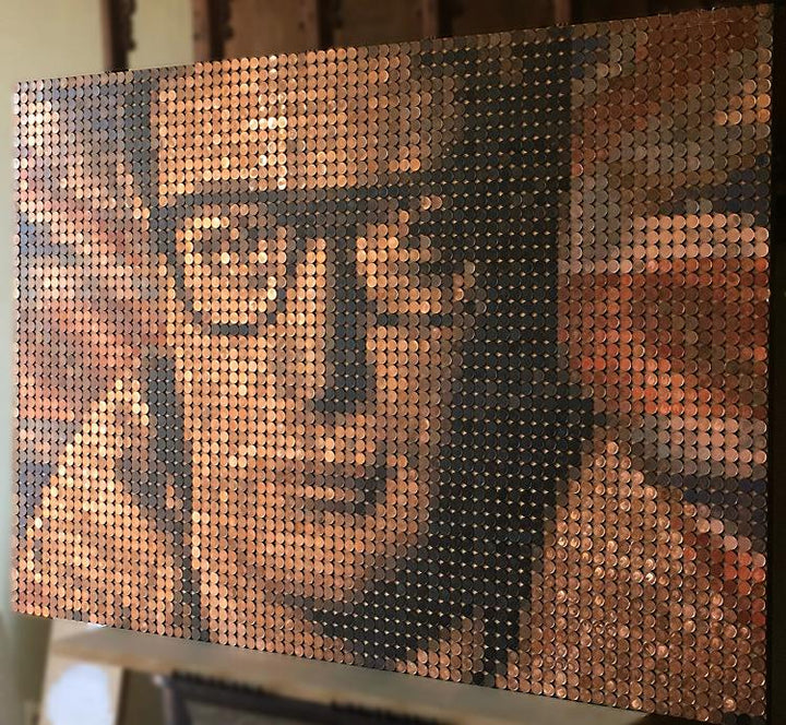 Ed Chapman mosaic portrait of Sir Michael Caine created from over 3,500 euro one cent coins, forming a warm copper-toned likeness of the legendary British actor.
