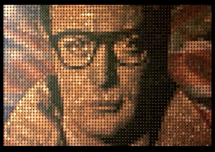 Ed Chapman mosaic portrait of Sir Michael Caine created from over 3,500 euro one cent coins, forming a warm copper-toned likeness of the legendary British actor.