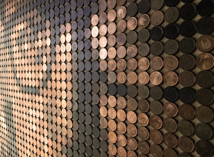 Ed Chapman mosaic portrait of Sir Michael Caine created from over 3,500 euro one cent coins, forming a warm copper-toned likeness of the legendary British actor.