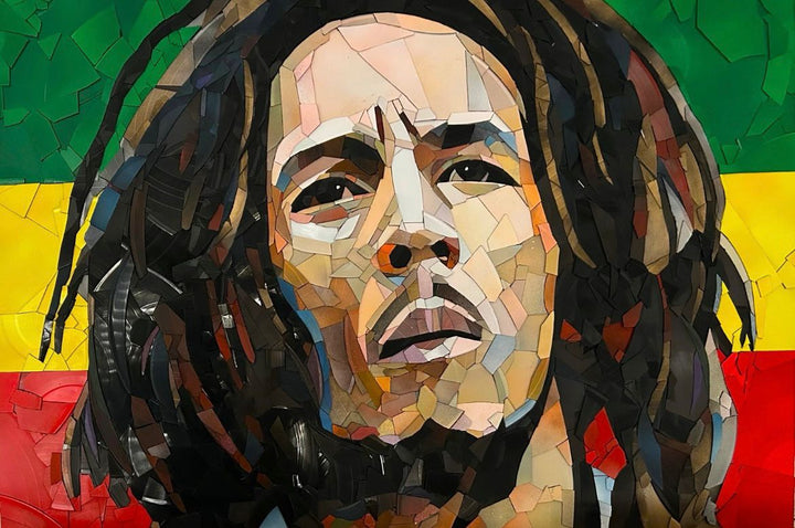 Ed Chapman Mosaic portrait of Bob Marley constructed from carefully cut fragments of reclaimed vinyl records, forming a highly detailed face with layered tonal variation and visible record grooves, set against a bold Rastafarian colour background that contrasts warm skin tones with strong graphic colour blocks and a textured, light-responsive surface.