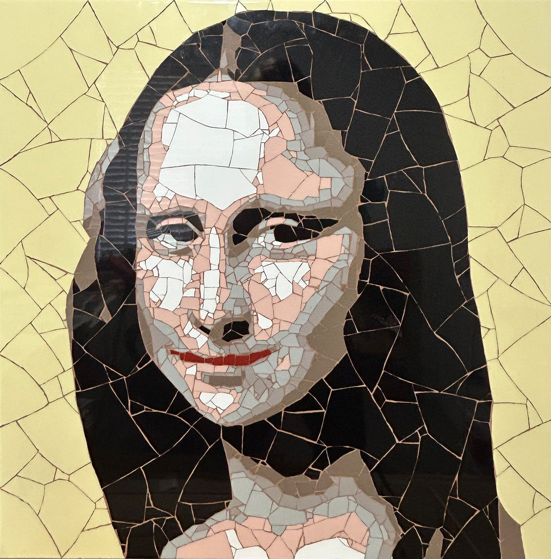 Ed Chapman Mosaic portrait of the Mona Lisa constructed from precisely cut ceramic tiles, with angular fragments forming the face, hair and clothing through subtle tonal shifts, set against a bold yellow background and creating a structured, tactile surface with visible tile joins and rhythmic patterning.