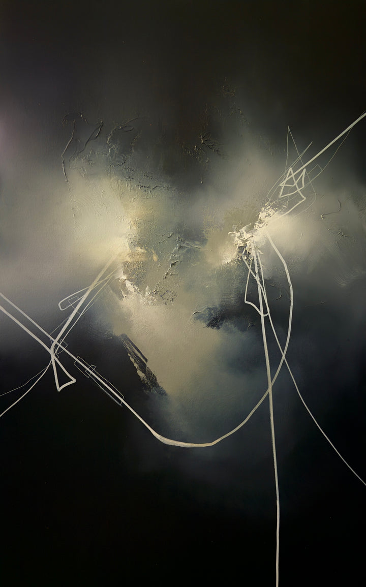 Whispers in the Darkness by Simon Kenny — a minimalist abstract oil painting in deep charcoal, soft grey, muted gold, and glowing white, with fine linear gestures cutting through atmospheric shadow to create a quiet, contemplative sense of depth and tension.