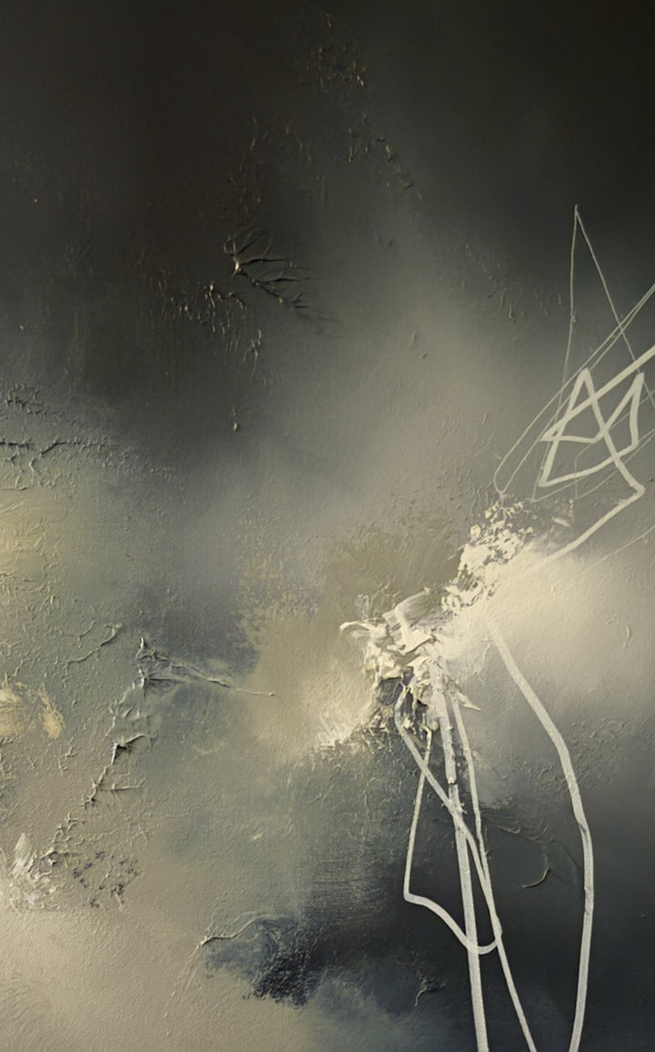 Whispers in the Darkness by Simon Kenny — a minimalist abstract oil painting in deep charcoal, soft grey, muted gold, and glowing white, with fine linear gestures cutting through atmospheric shadow to create a quiet, contemplative sense of depth and tension.