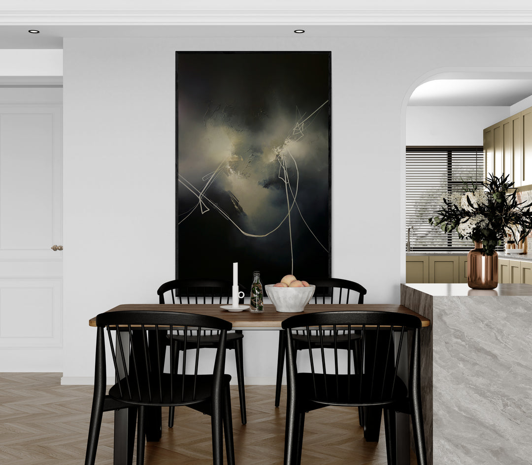 Whispers in the Darkness by Simon Kenny — a minimalist abstract oil painting in deep charcoal, soft grey, muted gold, and glowing white, with fine linear gestures cutting through atmospheric shadow to create a quiet, contemplative sense of depth and tension.