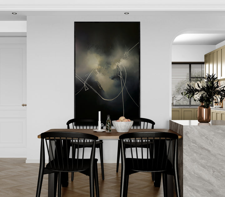 Whispers in the Darkness by Simon Kenny — a minimalist abstract oil painting in deep charcoal, soft grey, muted gold, and glowing white, with fine linear gestures cutting through atmospheric shadow to create a quiet, contemplative sense of depth and tension.