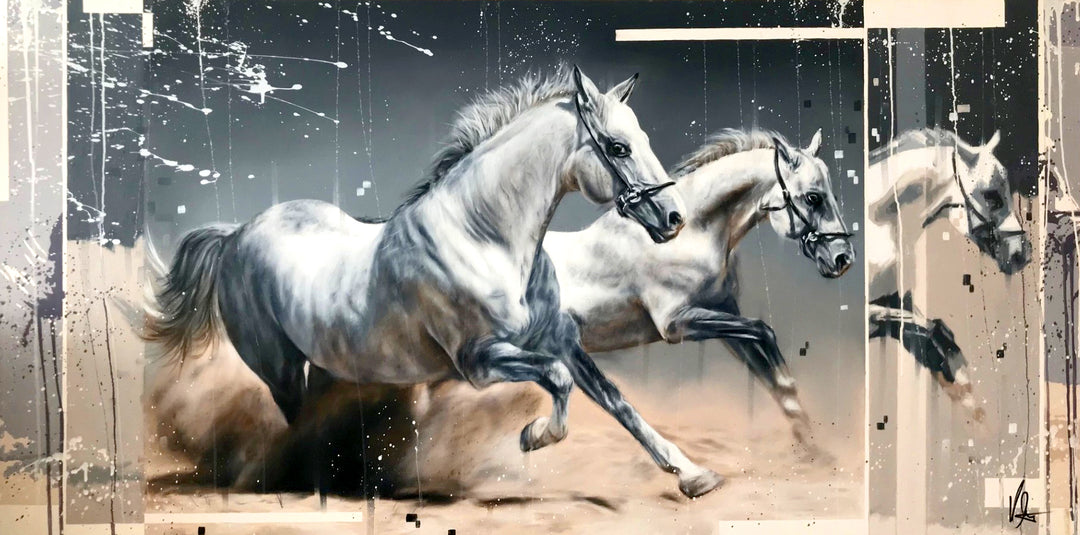 ‘White Horses’ by Kris Hardy, an original contemporary equestrian painting in oil and acrylic on aluminium, depicting two powerful white and grey horses galloping through a cloud of dust, with flowing manes, raised front legs and detailed muscular features. A third, partially obscured horse appears on the right, while expressive white paint splashes, vertical drips and abstract geometric elements frame the composition. Soft silver, charcoal, black, cream and sandy beige tones create a dramatic portrayal of 