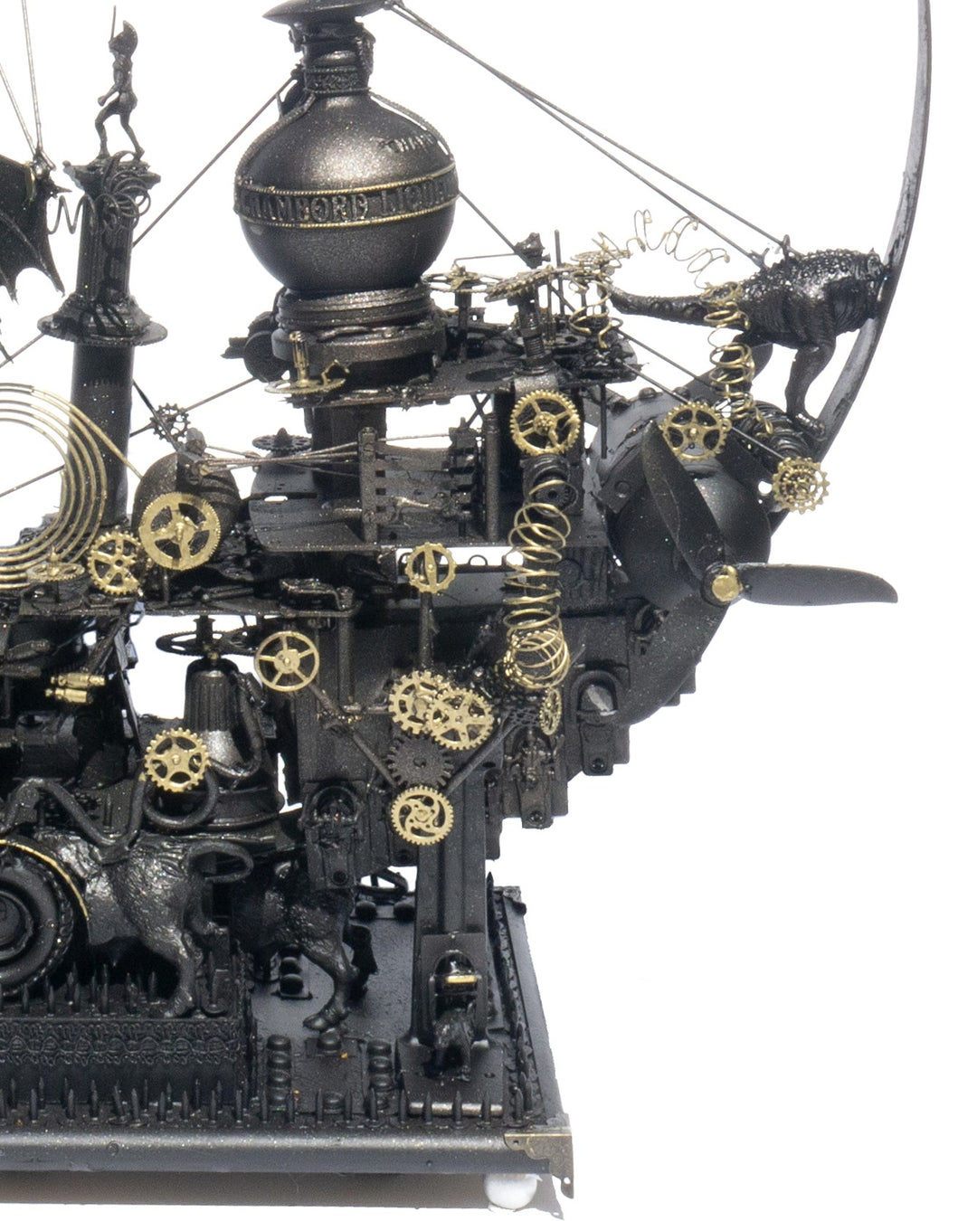 “Winged Minotaur I” by Andrew Stevens – a steampunk-inspired sculpture crafted from recycled materials, blending myth and machinery with brass gears, propellers and patinated bronze detailing. A one-off piece symbolising invention and absurdity.