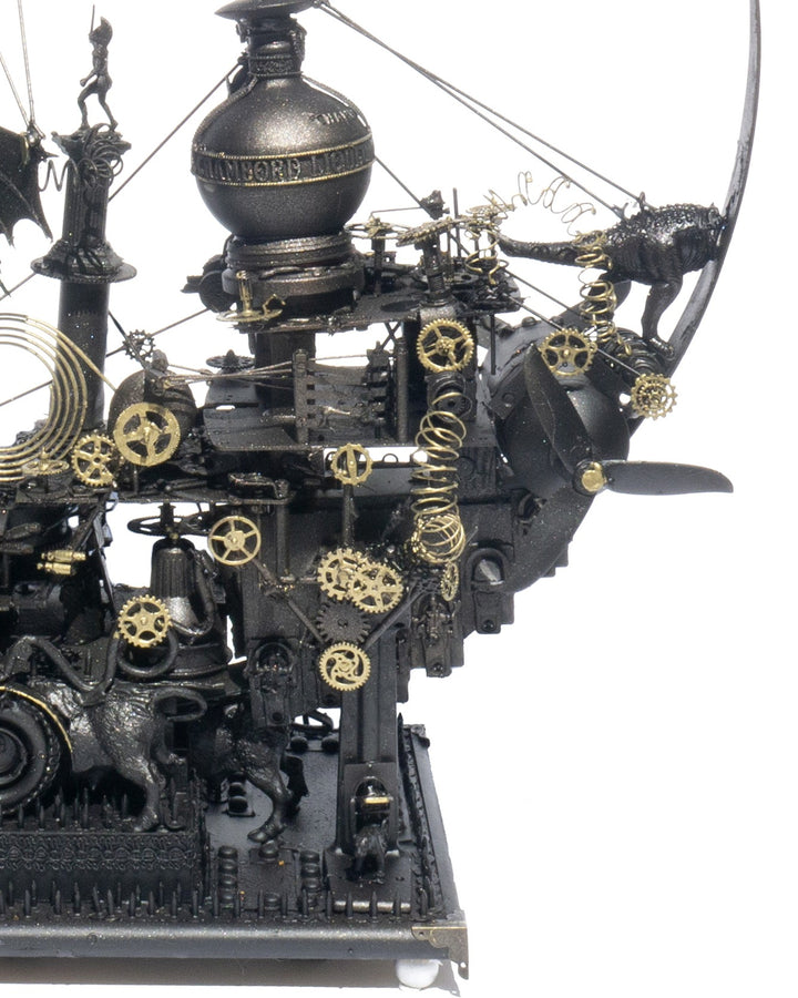“Winged Minotaur I” by Andrew Stevens – a steampunk-inspired sculpture crafted from recycled materials, blending myth and machinery with brass gears, propellers and patinated bronze detailing. A one-off piece symbolising invention and absurdity.