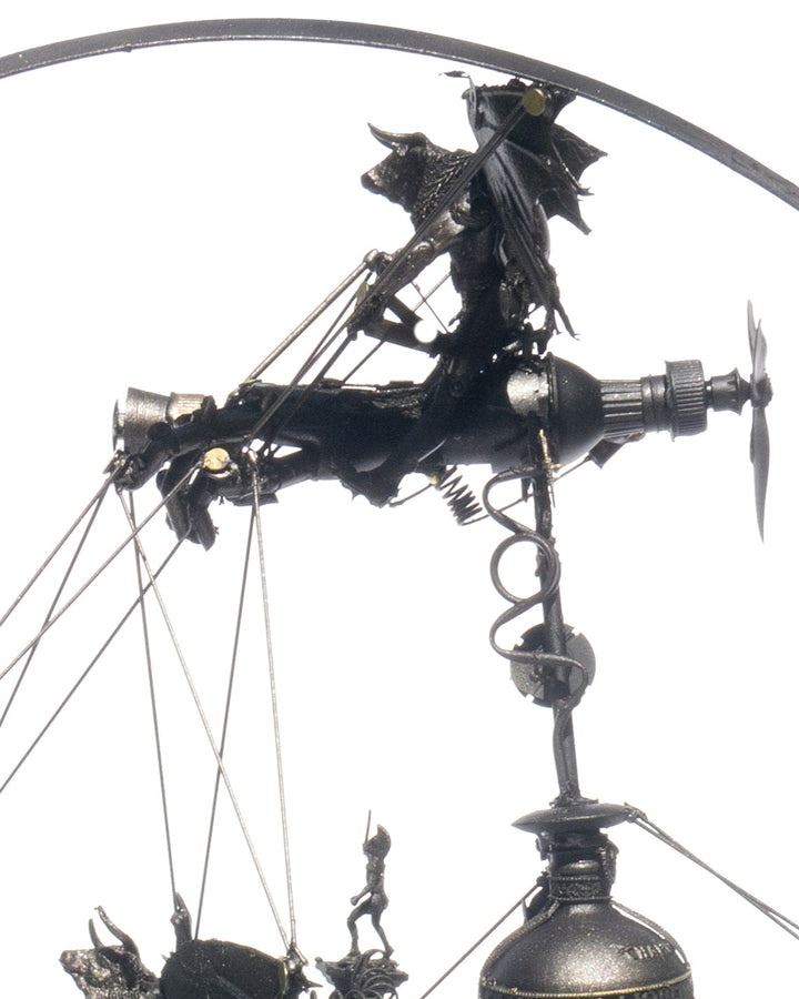 “Winged Minotaur I” by Andrew Stevens – a steampunk-inspired sculpture crafted from recycled materials, blending myth and machinery with brass gears, propellers and patinated bronze detailing. A one-off piece symbolising invention and absurdity.