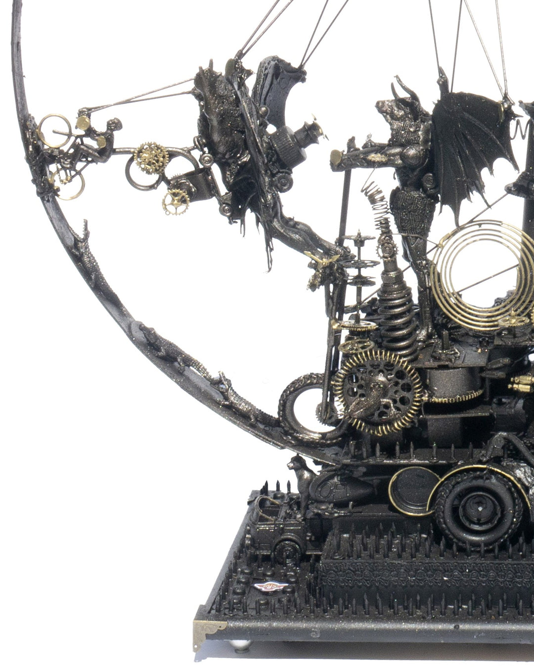 “Winged Minotaur I” by Andrew Stevens – a steampunk-inspired sculpture crafted from recycled materials, blending myth and machinery with brass gears, propellers and patinated bronze detailing. A one-off piece symbolising invention and absurdity.