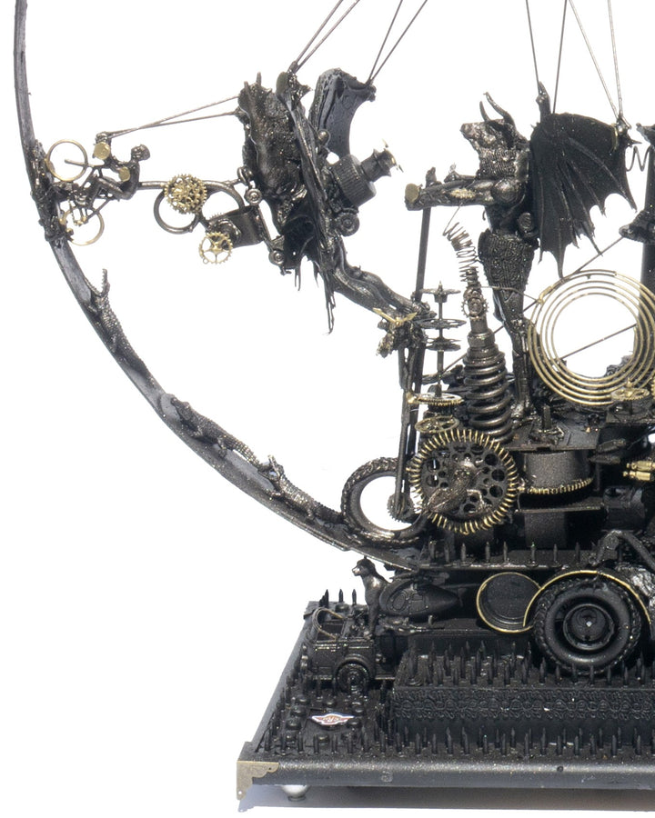 “Winged Minotaur I” by Andrew Stevens – a steampunk-inspired sculpture crafted from recycled materials, blending myth and machinery with brass gears, propellers and patinated bronze detailing. A one-off piece symbolising invention and absurdity.