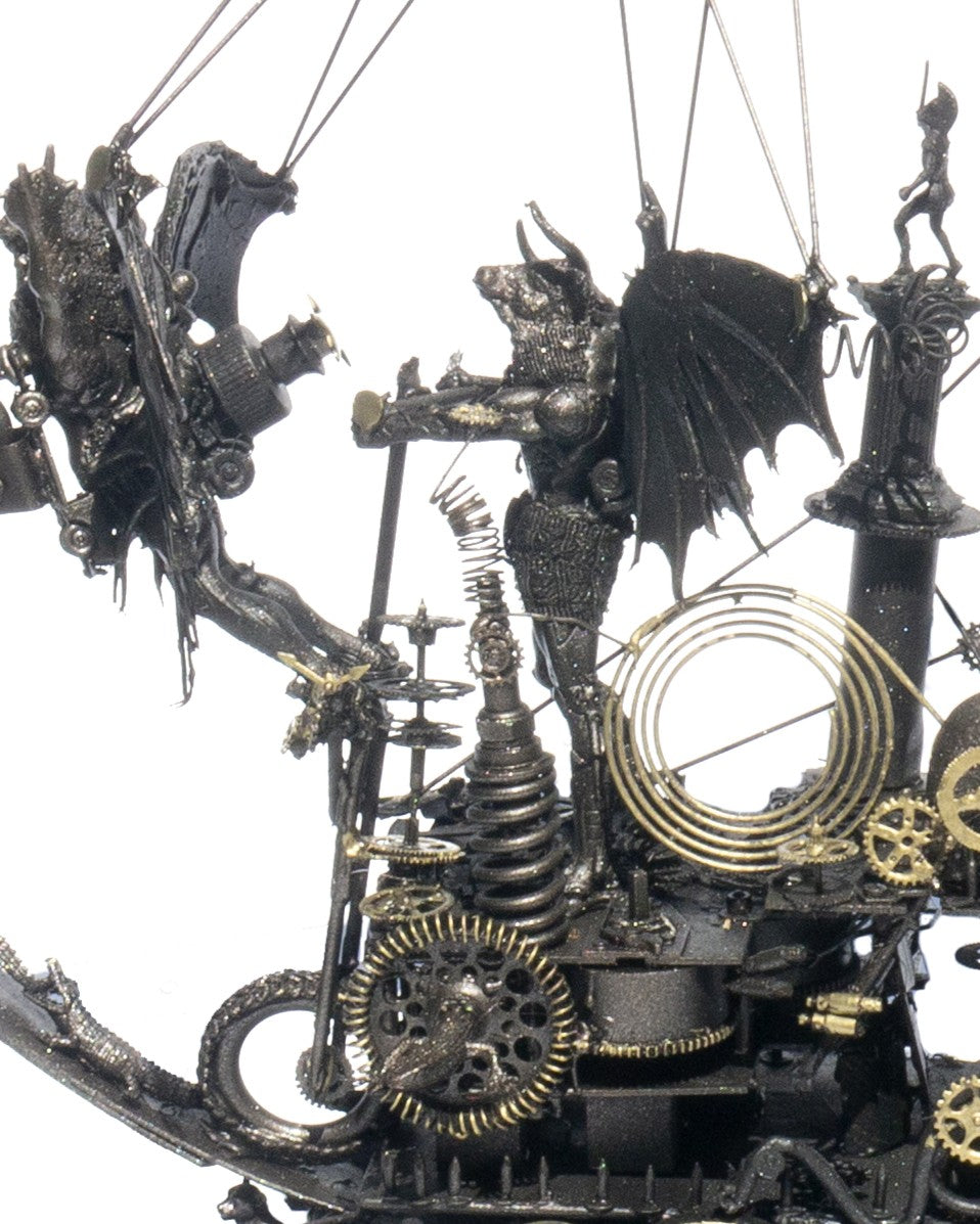 “Winged Minotaur I” by Andrew Stevens – a steampunk-inspired sculpture crafted from recycled materials, blending myth and machinery with brass gears, propellers and patinated bronze detailing. A one-off piece symbolising invention and absurdity.