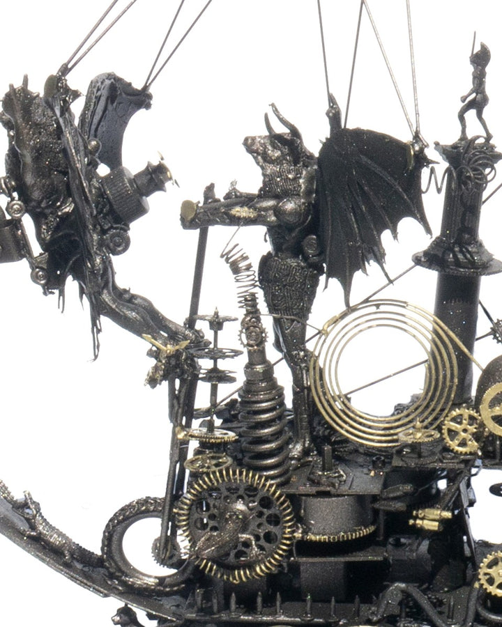 “Winged Minotaur I” by Andrew Stevens – a steampunk-inspired sculpture crafted from recycled materials, blending myth and machinery with brass gears, propellers and patinated bronze detailing. A one-off piece symbolising invention and absurdity.