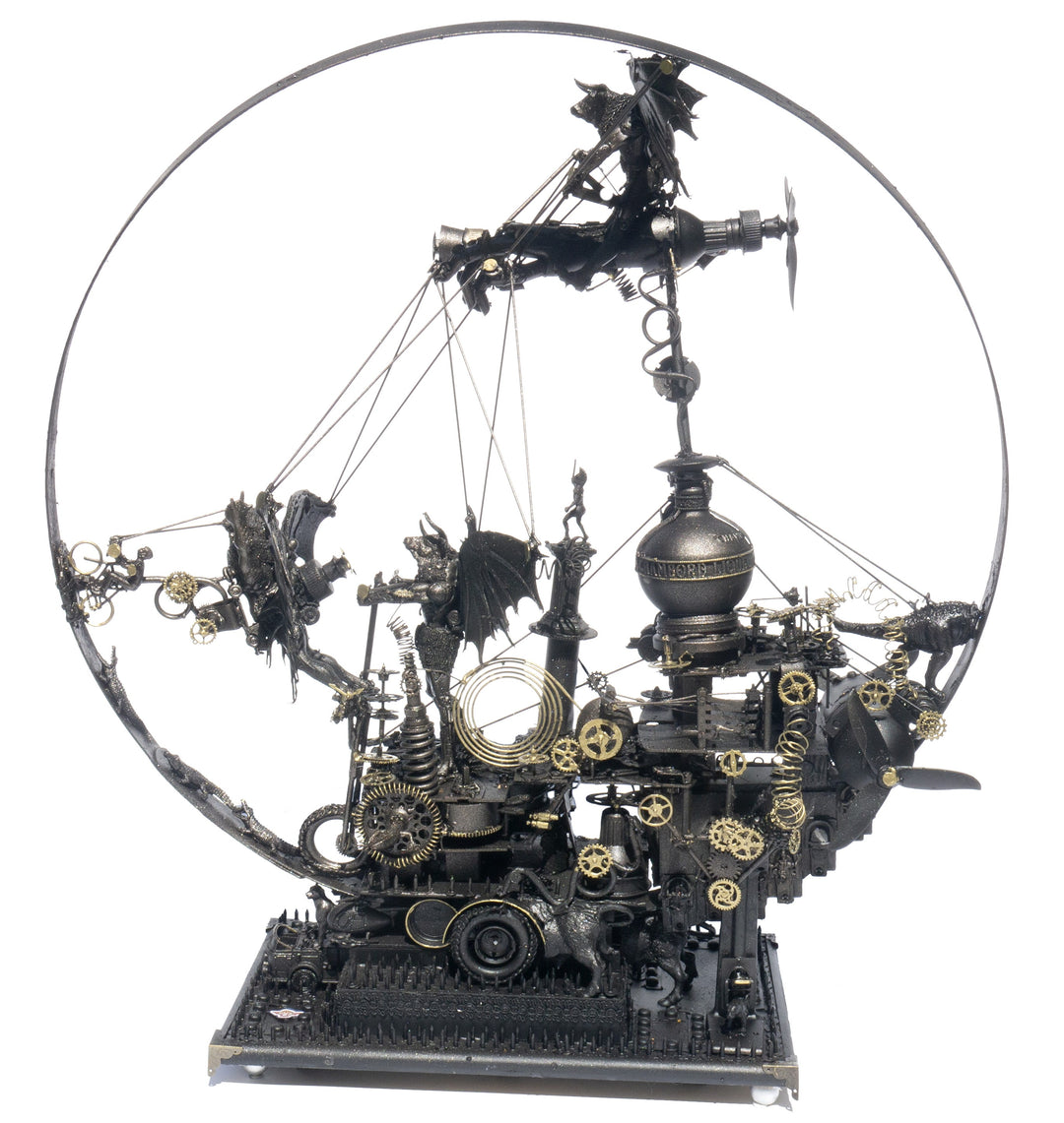 “Winged Minotaur I” by Andrew Stevens – a steampunk-inspired sculpture crafted from recycled materials, blending myth and machinery with brass gears, propellers and patinated bronze detailing. A one-off piece symbolising invention and absurdity.