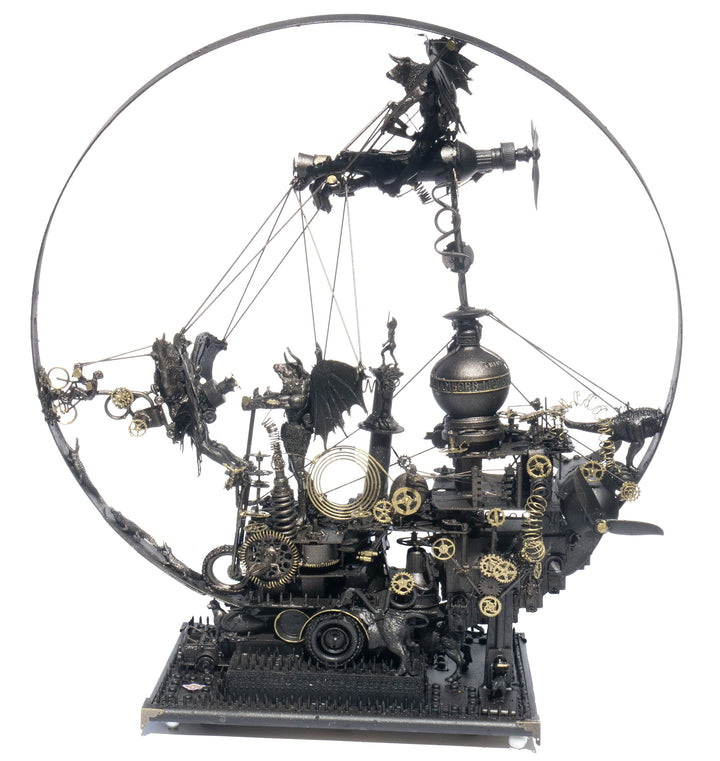 “Winged Minotaur I” by Andrew Stevens – a steampunk-inspired sculpture crafted from recycled materials, blending myth and machinery with brass gears, propellers and patinated bronze detailing. A one-off piece symbolising invention and absurdity.