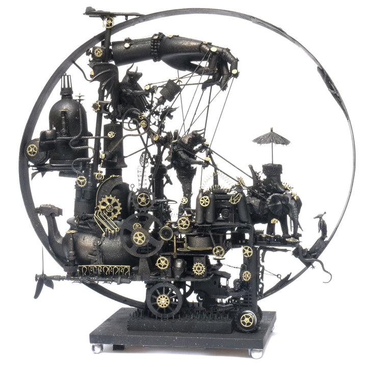 “Winged Minotaur VI” by Andrew Stevens – a steampunk-inspired one-off sculpture crafted from recycled materials, featuring gears, propellers, and hybrid figures. A surreal fusion of myth and machine with a dark bronze patina finish.