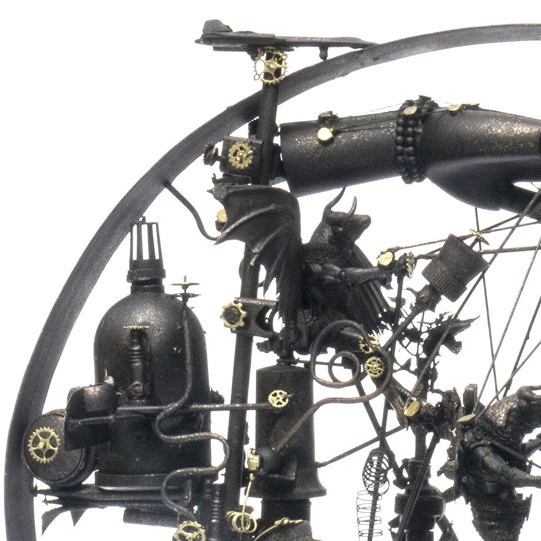 “Winged Minotaur VI” by Andrew Stevens – a steampunk-inspired one-off sculpture crafted from recycled materials, featuring gears, propellers, and hybrid figures. A surreal fusion of myth and machine with a dark bronze patina finish.