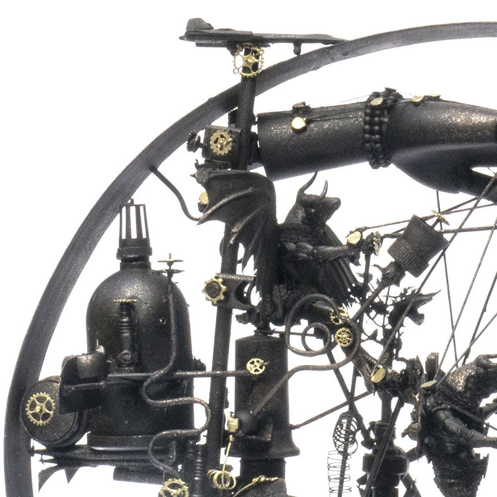 “Winged Minotaur VI” by Andrew Stevens – a steampunk-inspired one-off sculpture crafted from recycled materials, featuring gears, propellers, and hybrid figures. A surreal fusion of myth and machine with a dark bronze patina finish.