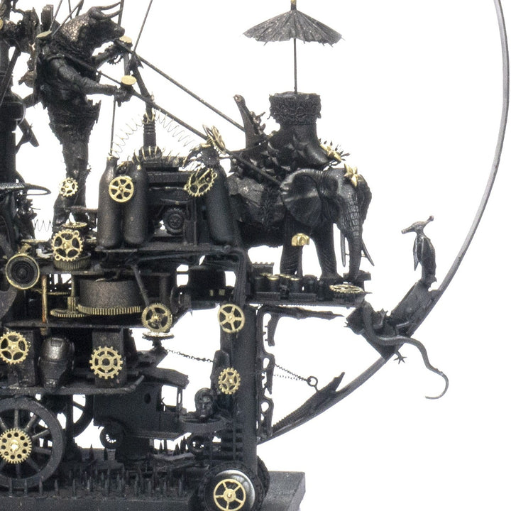 “Winged Minotaur VI” by Andrew Stevens – a steampunk-inspired one-off sculpture crafted from recycled materials, featuring gears, propellers, and hybrid figures. A surreal fusion of myth and machine with a dark bronze patina finish.