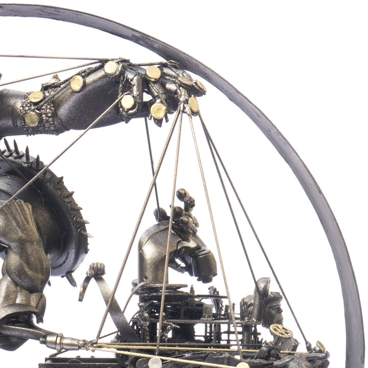 “Winged Minotaur XVII” by Andrew Stevens – a one-off steampunk sculpture crafted from recycled gears, engine parts and found objects. Blending myth and machinery, the piece features bronze patina tones and intricate mechanical detailing.