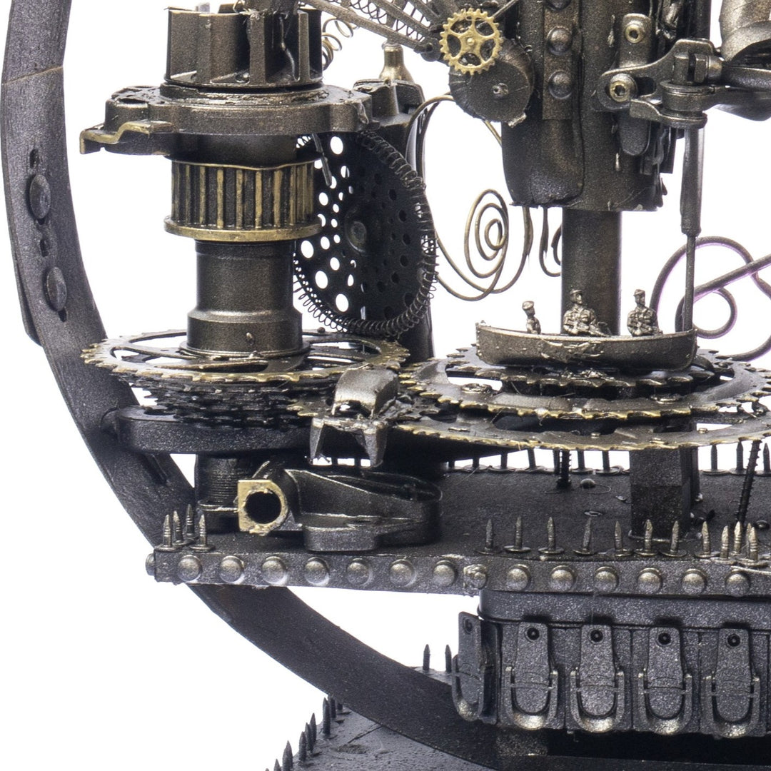 “Winged Minotaur XVII” by Andrew Stevens – a one-off steampunk sculpture crafted from recycled gears, engine parts and found objects. Blending myth and machinery, the piece features bronze patina tones and intricate mechanical detailing.