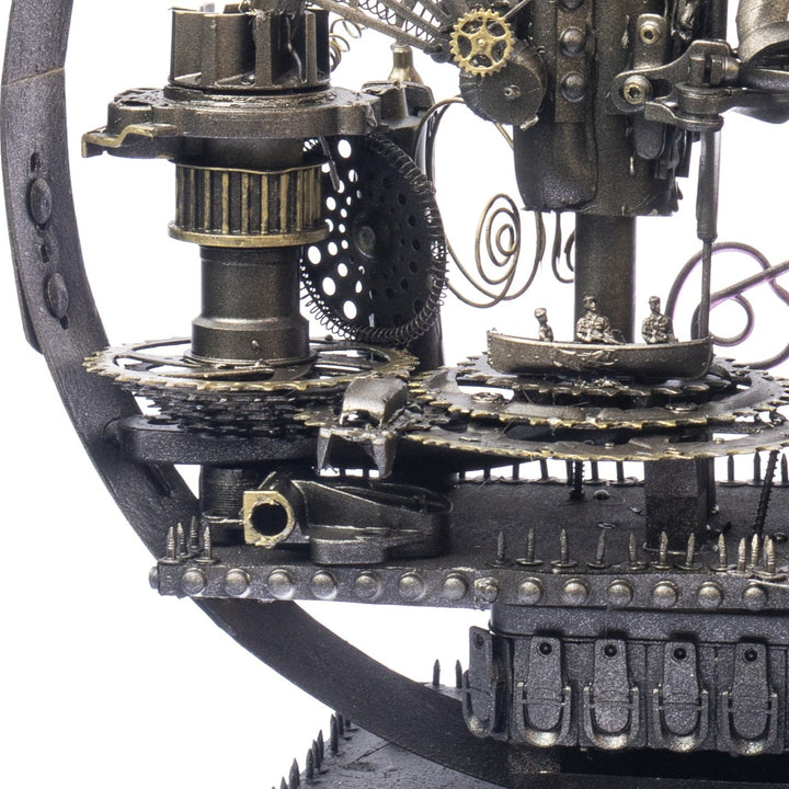 “Winged Minotaur XVII” by Andrew Stevens – a one-off steampunk sculpture crafted from recycled gears, engine parts and found objects. Blending myth and machinery, the piece features bronze patina tones and intricate mechanical detailing.