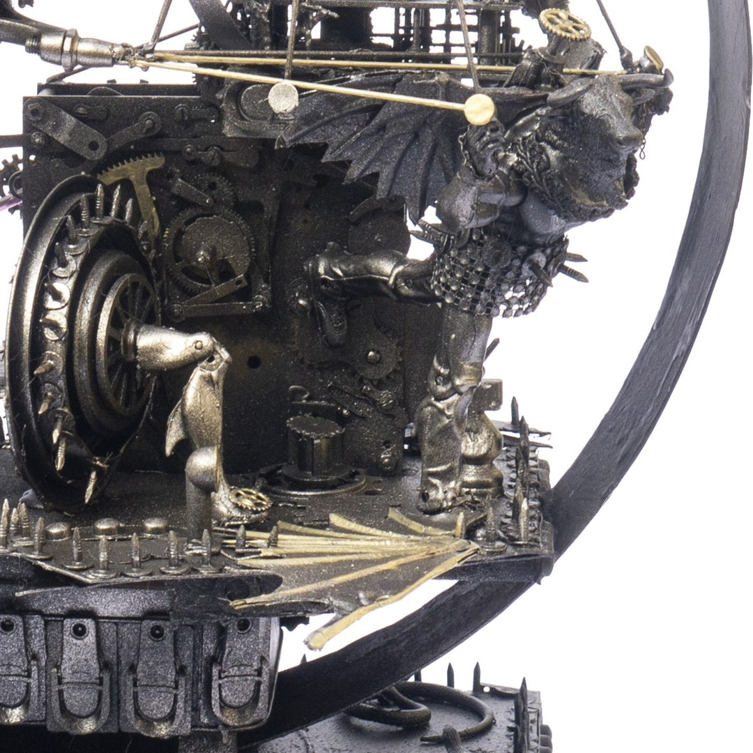 “Winged Minotaur XVII” by Andrew Stevens – a one-off steampunk sculpture crafted from recycled gears, engine parts and found objects. Blending myth and machinery, the piece features bronze patina tones and intricate mechanical detailing.