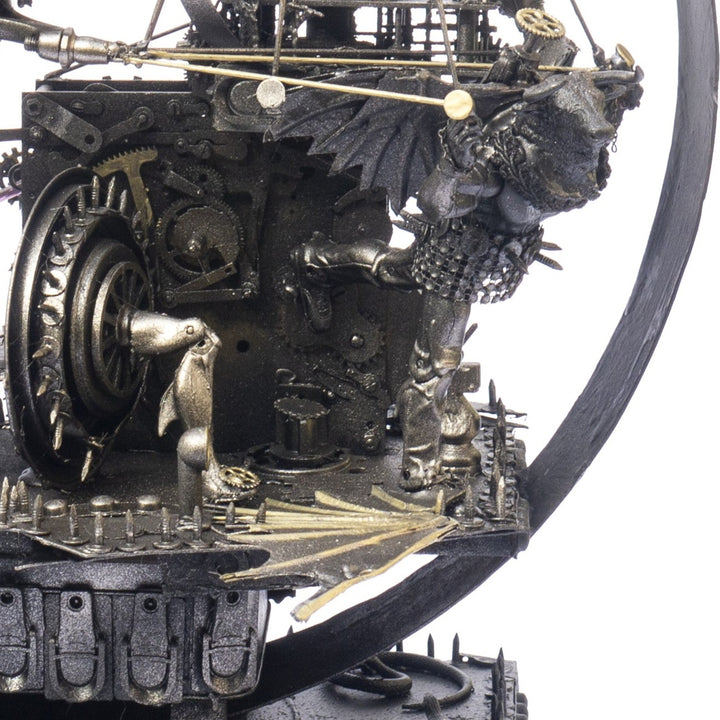 “Winged Minotaur XVII” by Andrew Stevens – a one-off steampunk sculpture crafted from recycled gears, engine parts and found objects. Blending myth and machinery, the piece features bronze patina tones and intricate mechanical detailing.